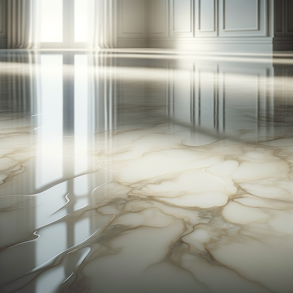 Pavimento in marmo lucido con riflessi solari.